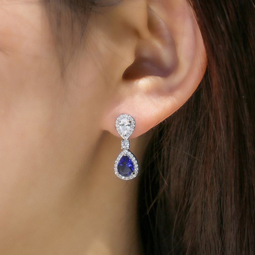 NEW Silver Blue Teardrop Sapphire Diamond Earrings - Picture 4 of 7